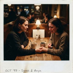 An older woman comforting a younger woman upset about things in a restaurant atmosphere.