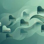 A modern abstract graphic background featuring stylized piano silhouettes repeating in a flowing pattern. Minimalist design with soft teal and emerald tones, subtle brass accents, geometric rhythm and motion inspired by music. Clean contemporary aesthetic, smooth gradients, balanced negative space, suitable for a website header or background image.