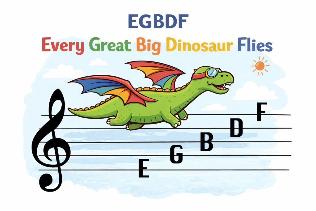 every great big dinosaur flies, memorization techniques acronym for the treble clef