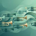 A modern abstract graphic background featuring stylized trumpet silhouettes repeating in a flowing pattern. Minimalist design with soft teal and emerald tones, subtle brass accents, geometric rhythm and motion inspired by music. Clean contemporary aesthetic, smooth gradients, balanced negative space, suitable for a website header or background image.